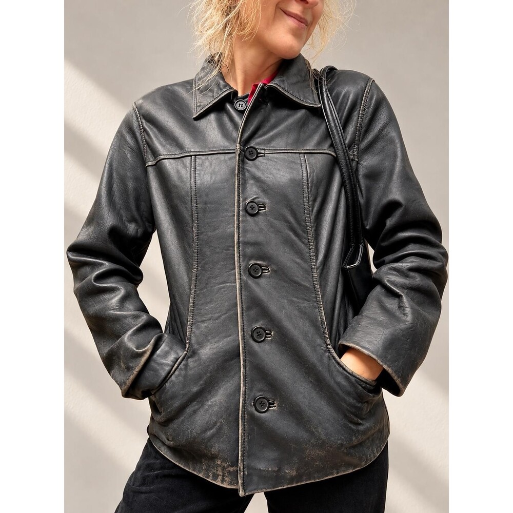 Vintage Black Leather Jacket Distressed 90s Soft Leather Coat XS S Buttoned